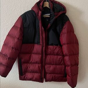 Lands' End Men's Burgundy and Black Puffer Jacket